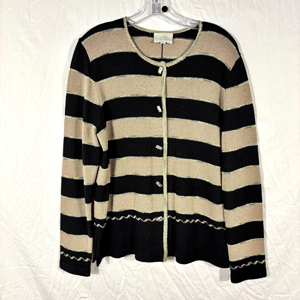 Vintage Wool Blend Tan & Black Striped Cardigan Sweater Glass‎ Buttons USA Made